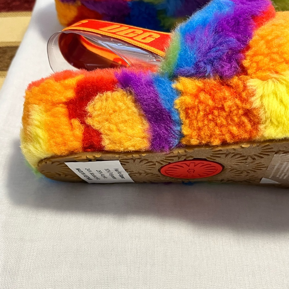 UGG AUTHENTIC FLUFF YEAH CALI PRIDE COLLAGE RAINBOW STRIPES SLIDES - Picture 8 of 17